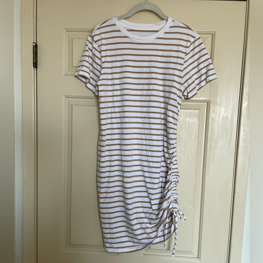 Striped t-shirt dress with cinch tie hem